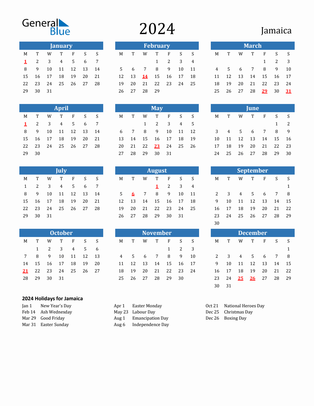 2024 Holiday Calendar for Jamaica Monday Start