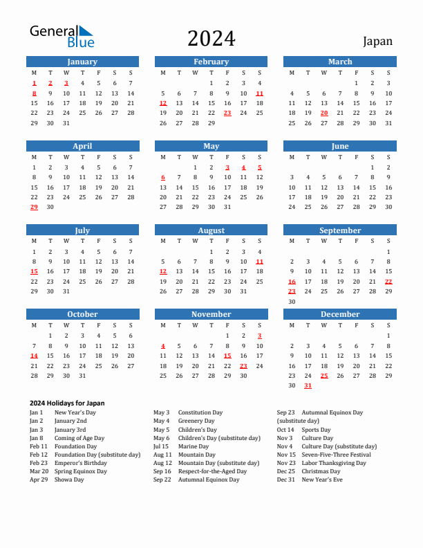 2024 Japan Calendar with Holidays