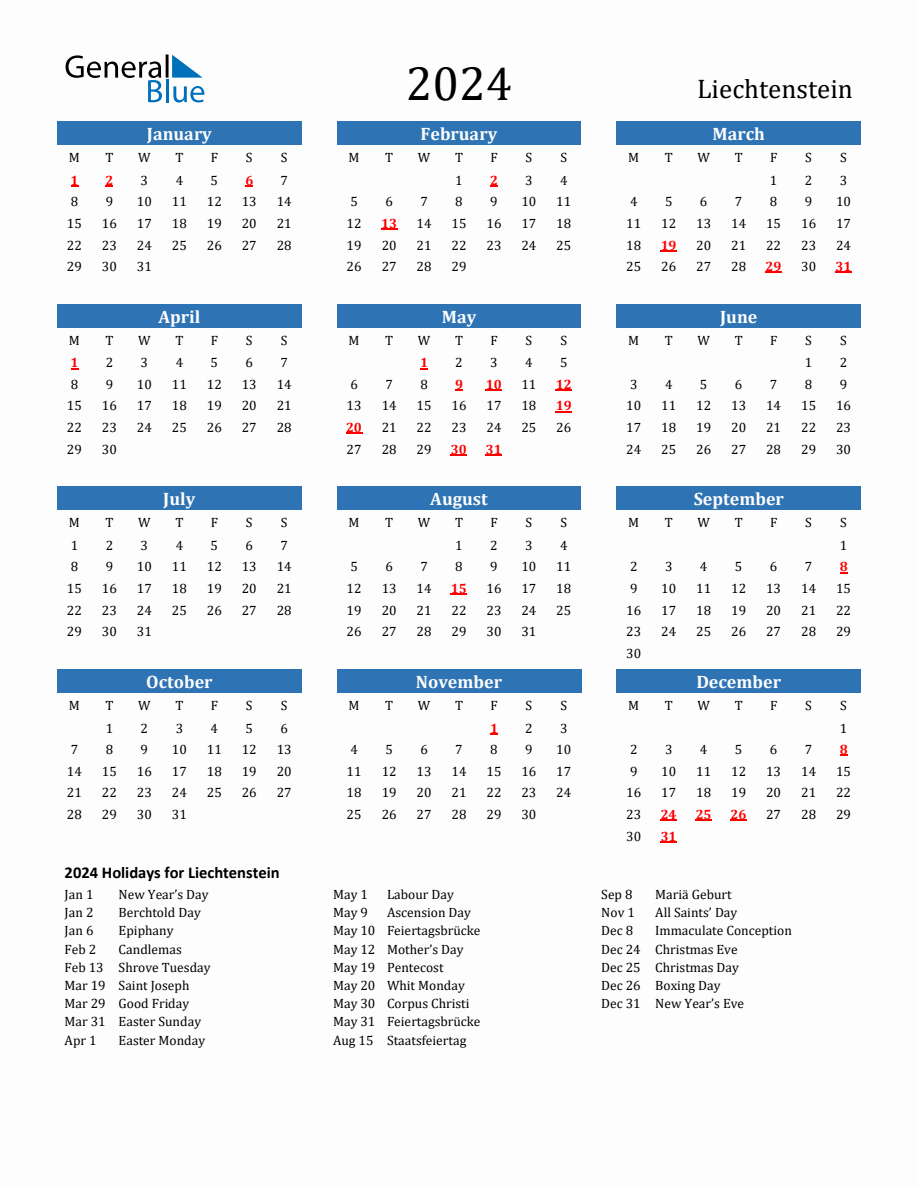 Liechtenstein 2024 Calendar with Holidays