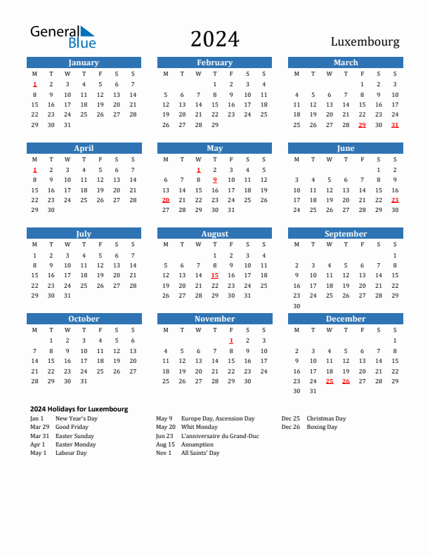 Luxembourg 2024 Calendar with Holidays