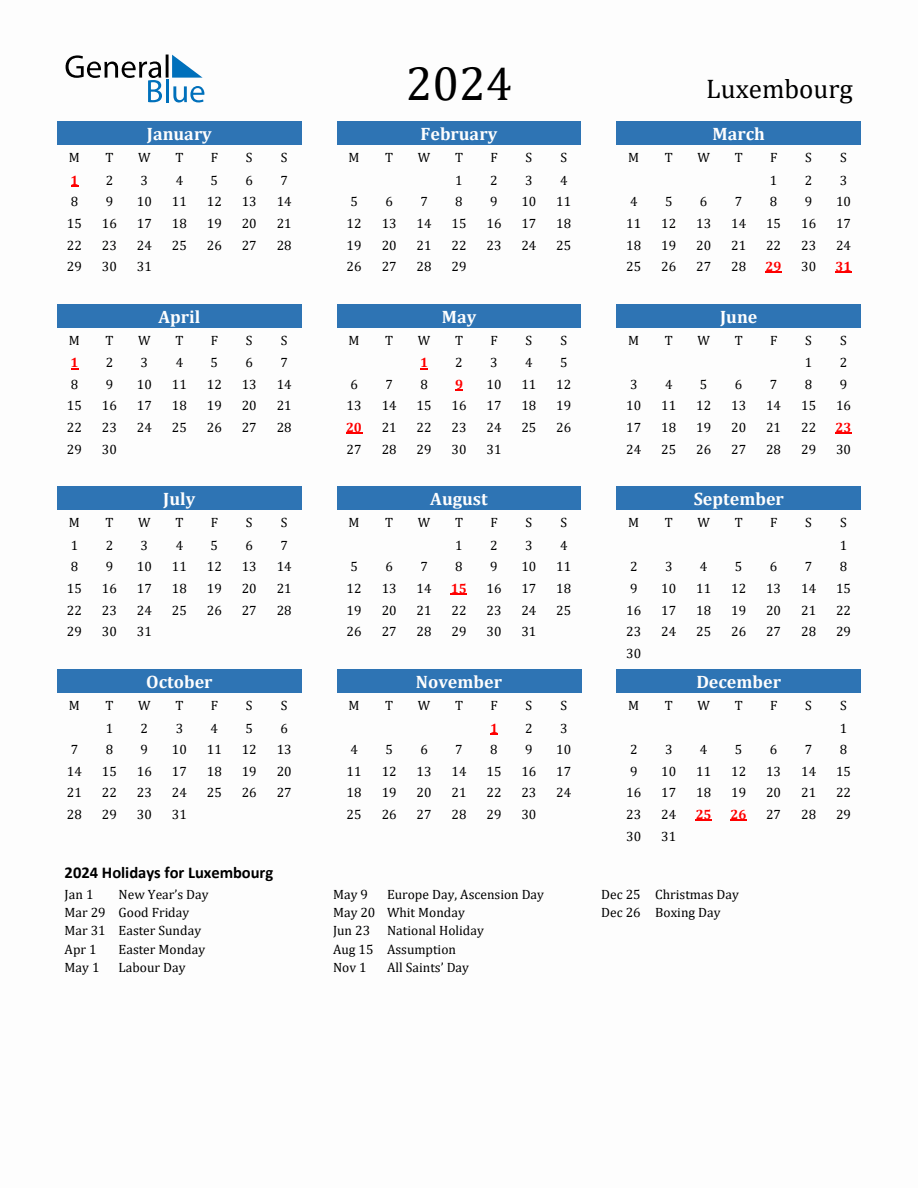 Luxembourg 2024 Calendar with Holidays