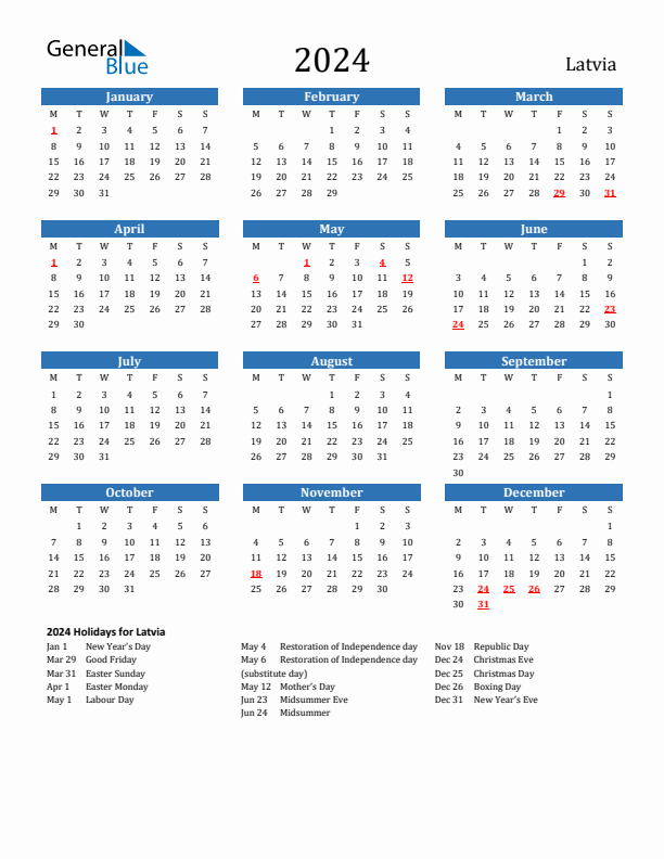 Latvia 2024 Calendar with Holidays