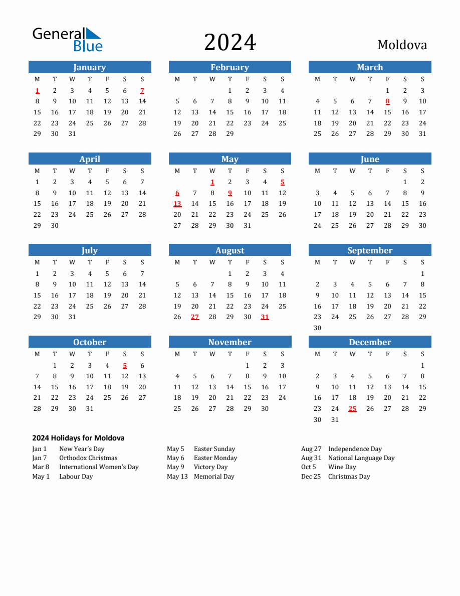 Moldova 2024 Calendar with Holidays