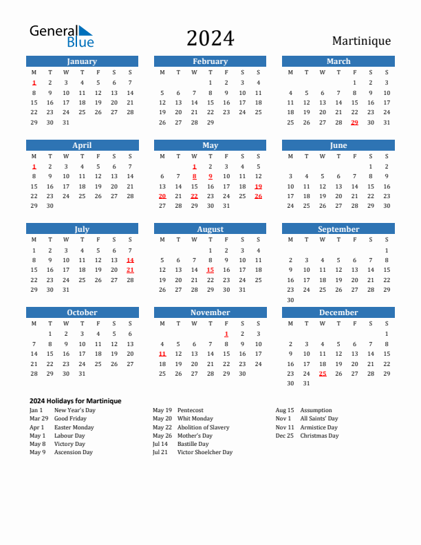 Martinique 2024 Calendar with Holidays