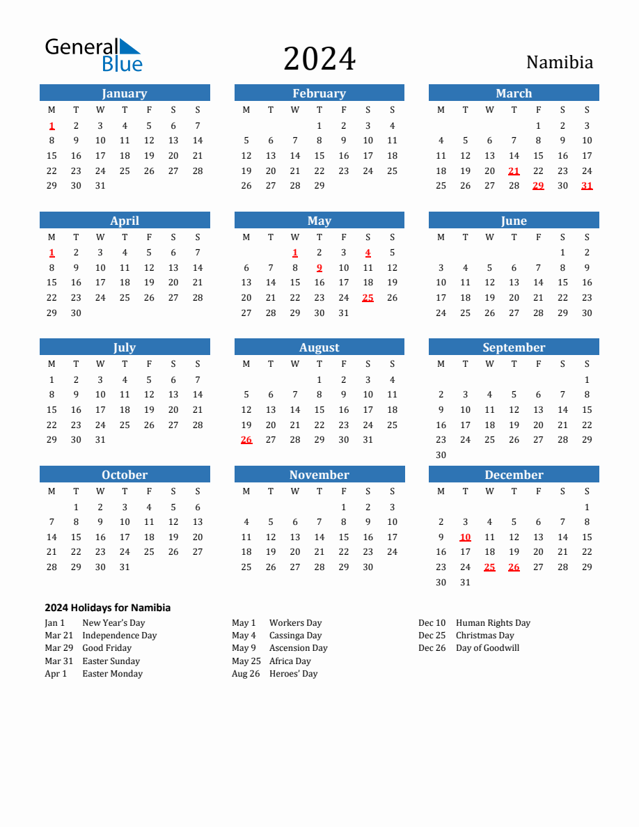 Namibia 2024 Calendar with Holidays