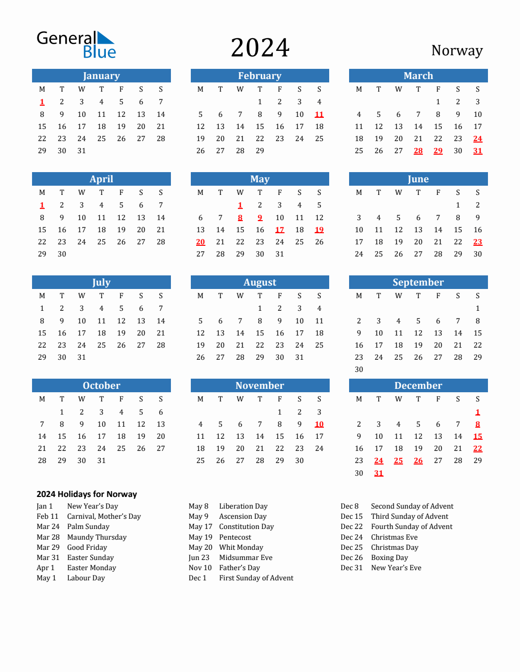 2024 Holiday Calendar for Norway Monday Start