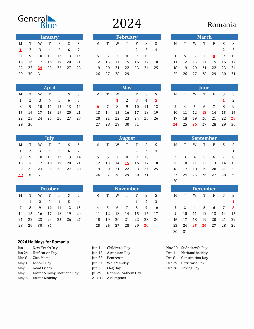 2024 Holiday Calendar for Romania Monday Start