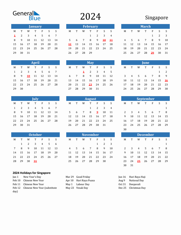 Singapore 2024 Calendar with Holidays