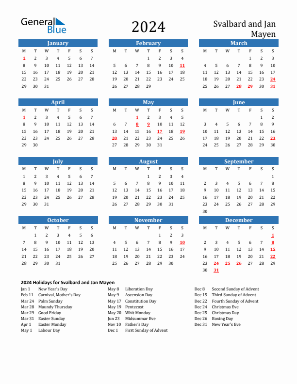 Svalbard and Jan Mayen 2024 Calendar with Holidays