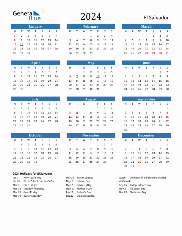 El Salvador 2024 Calendar with Holidays