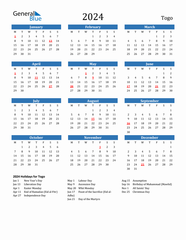 Togo 2024 Calendar with Holidays