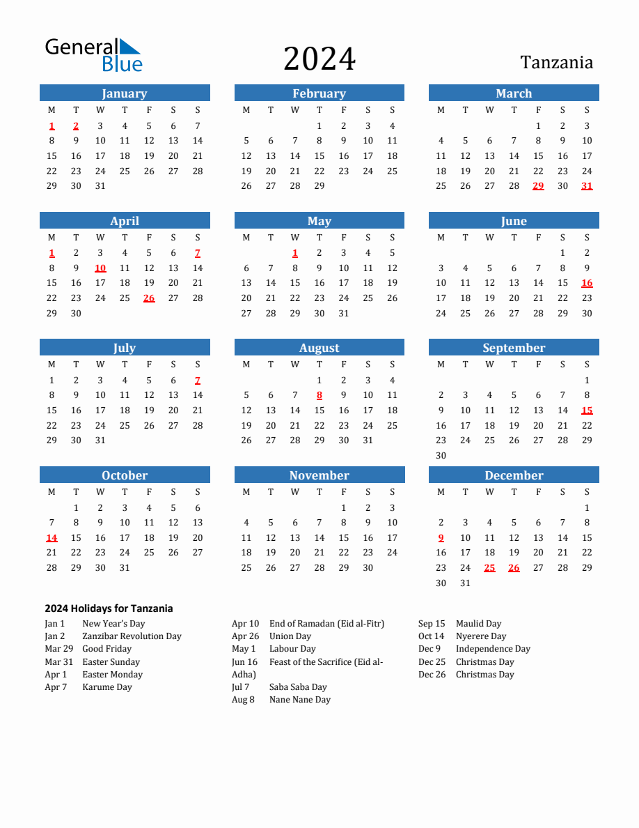 Tanzania 2024 Calendar with Holidays