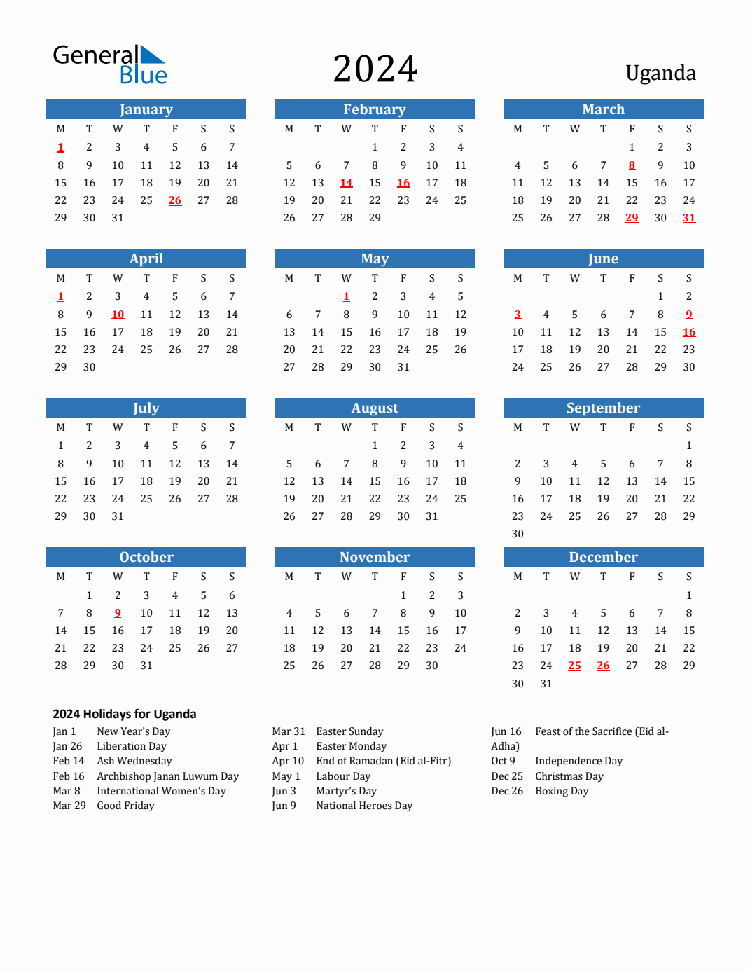 2024 Holiday Calendar for Uganda Monday Start
