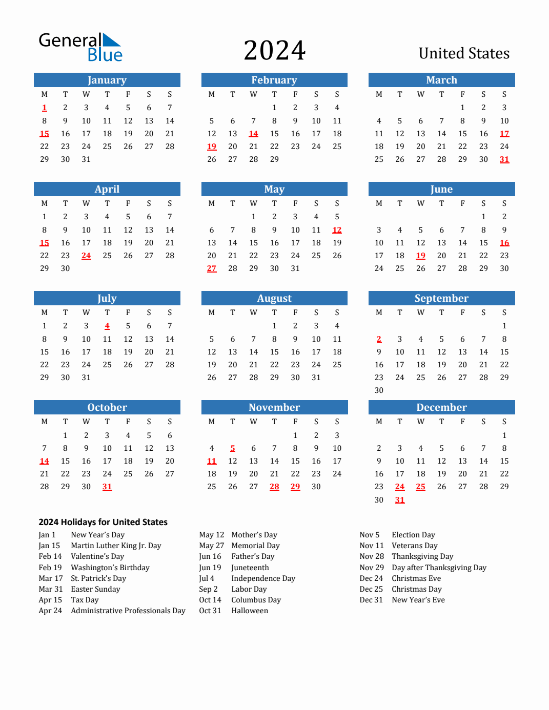 2024 Holiday Calendar for United States Monday Start