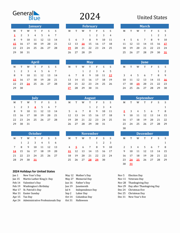 United States 2024 Calendar with Holidays