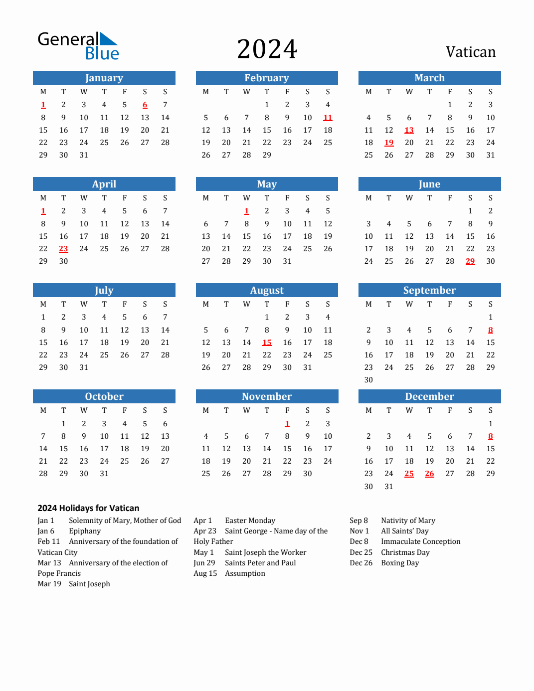 2024 Holiday Calendar for Vatican Monday Start