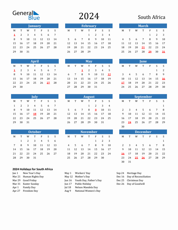 South Africa 2024 Calendar with Holidays