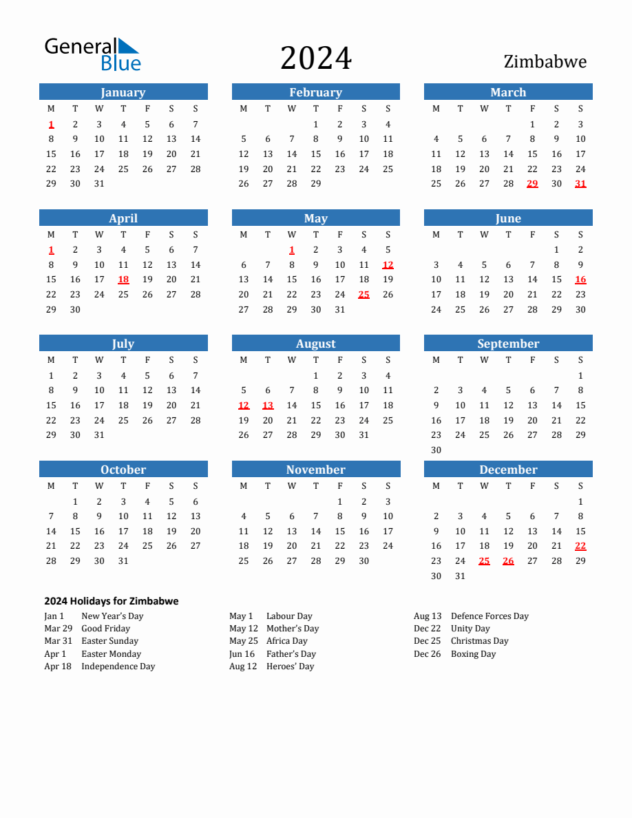 Zimbabwe 2024 Calendar with Holidays