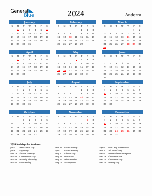 Andorra current year calendar 2024 with holidays