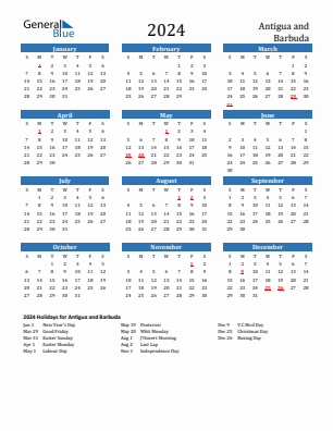 Antigua and Barbuda current year calendar 2024 with holidays