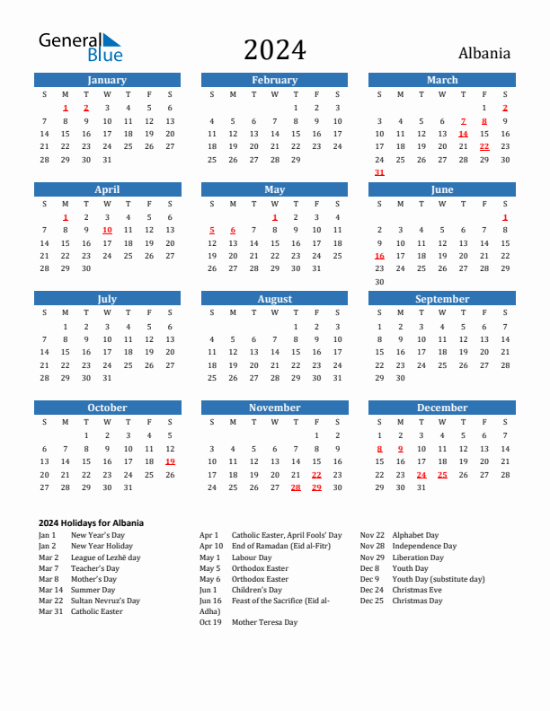 Albania 2024 Calendar with Holidays