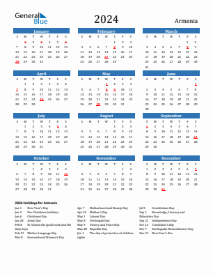 Armenia current year calendar 2024 with holidays