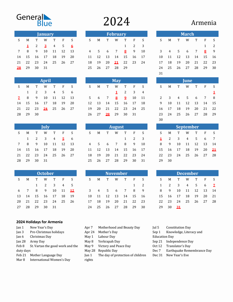 Armenia 2024 Calendar with Holidays