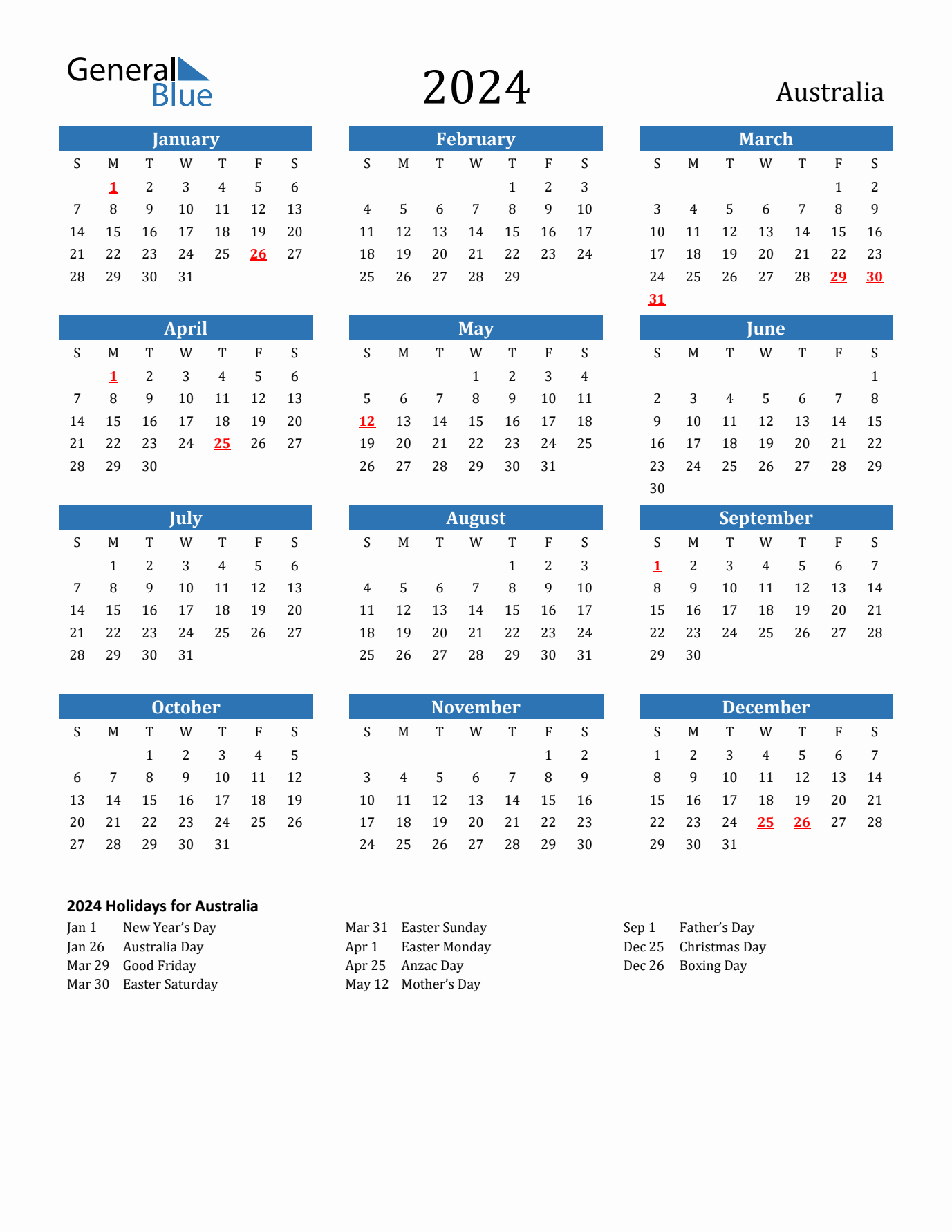 2024 yearly calendar with Australia holidays