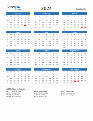 Australia current year calendar 2024 with holidays