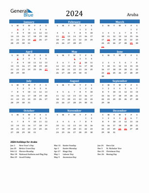 Aruba current year calendar 2024 with holidays