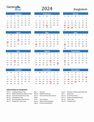 Bangladesh current year calendar 2024 with holidays