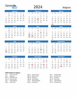 Belgium current year calendar 2024 with holidays