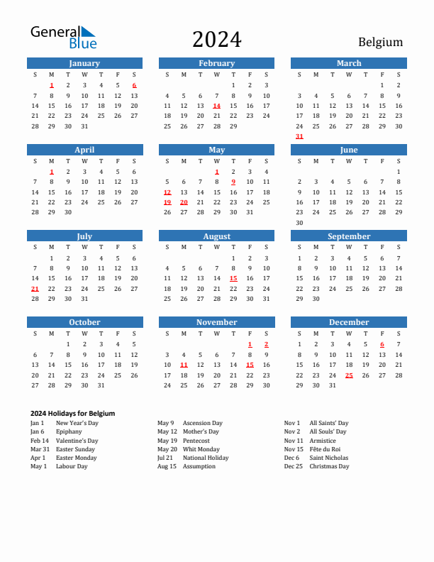 Belgium 2024 Calendar with Holidays