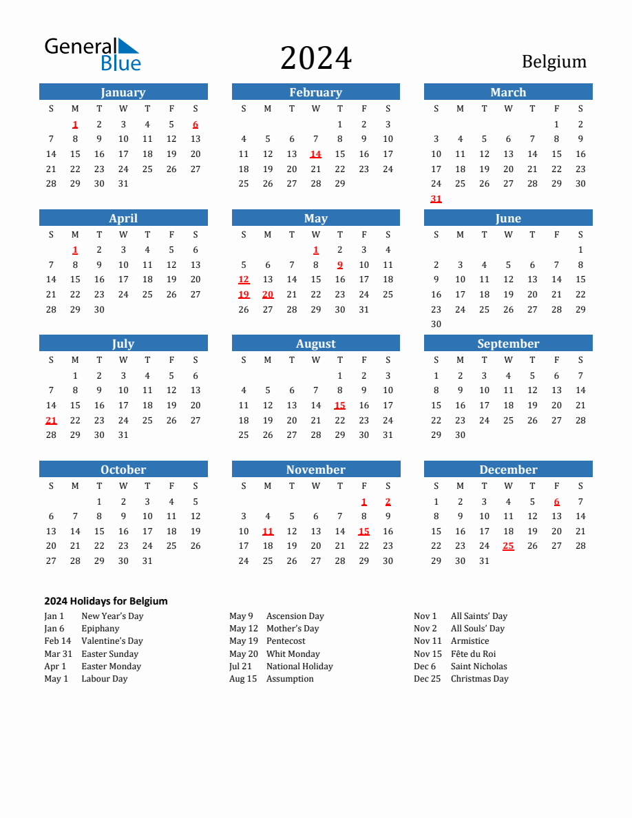 Belgium 2024 Calendar with Holidays