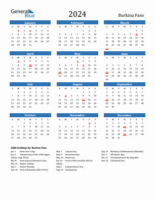 Burkina Faso current year calendar 2024 with holidays