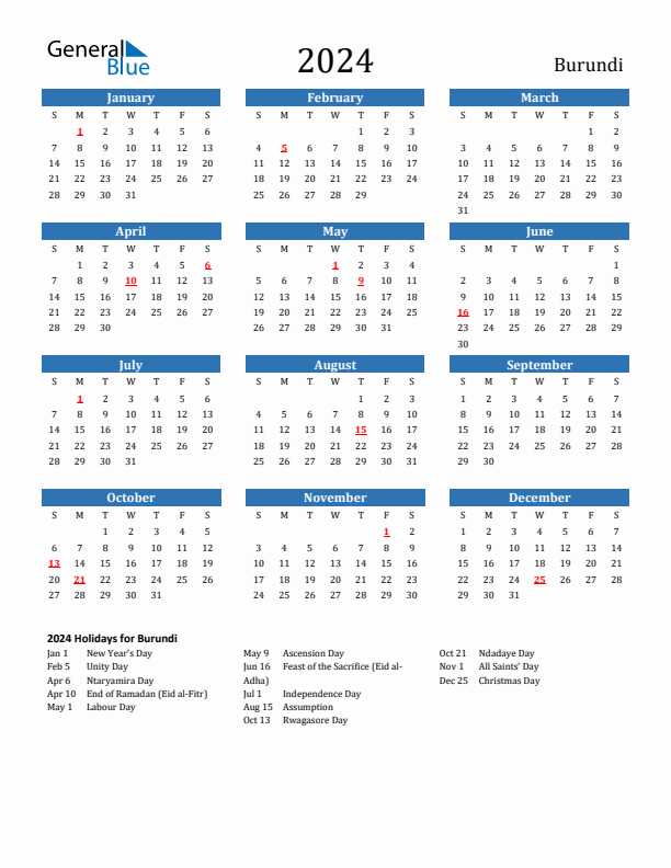 Burundi 2024 Calendar with Holidays