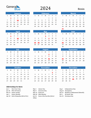 Benin current year calendar 2024 with holidays