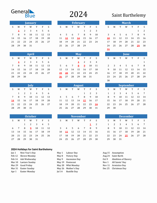 Saint Barthelemy 2024 Calendar with Holidays