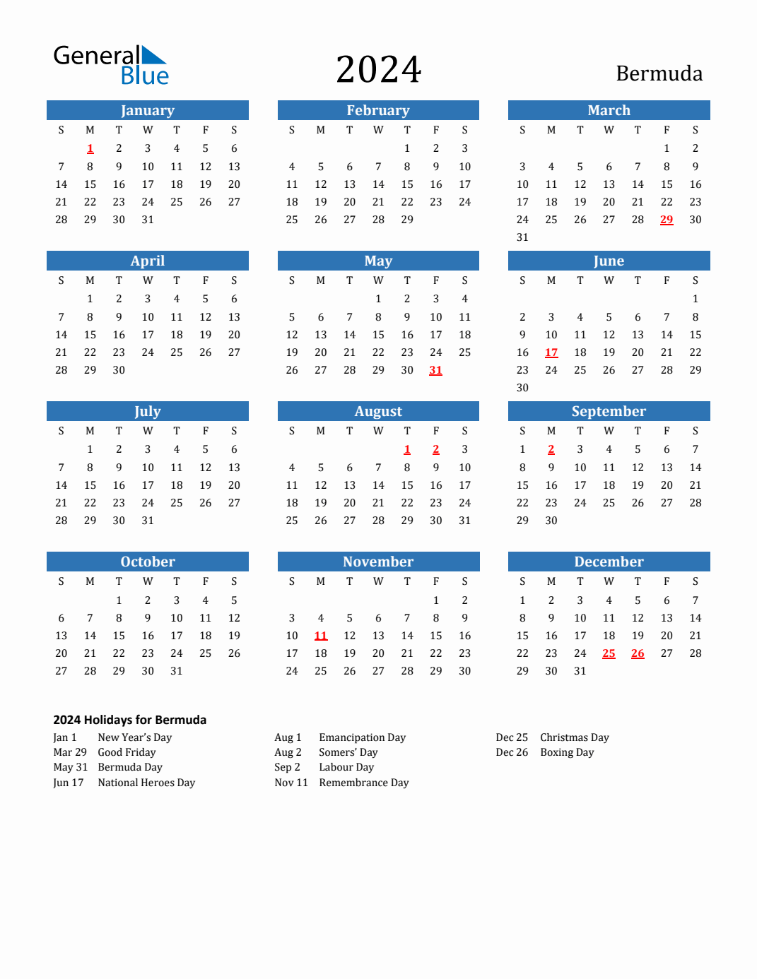 2024 Bermuda Calendar with Holidays