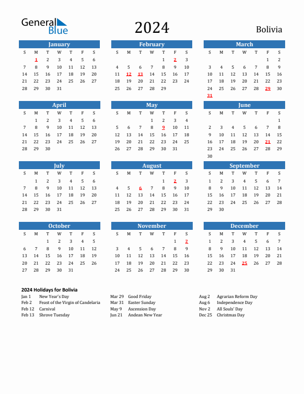 Bolivia 2024 Calendar with Holidays