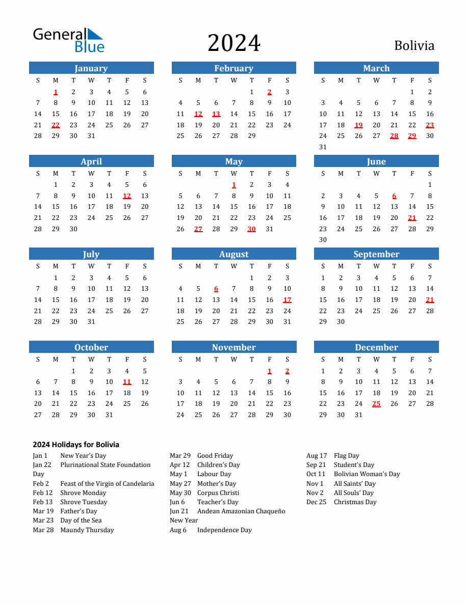 Bolivia 2024 Calendar with Holidays