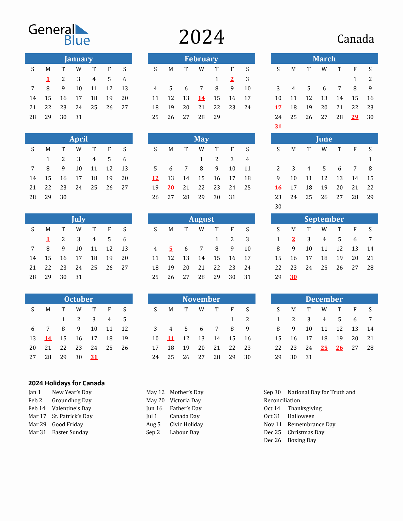 2024 yearly calendar with Canada holidays