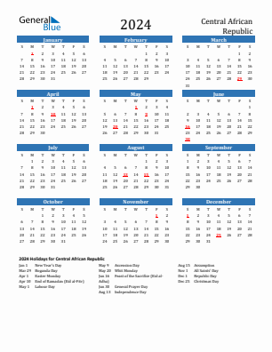 Central African Republic current year calendar 2024 with holidays