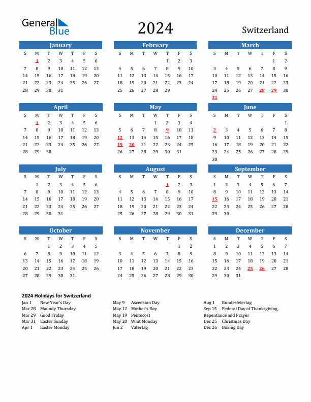 Switzerland 2024 Calendar with Holidays