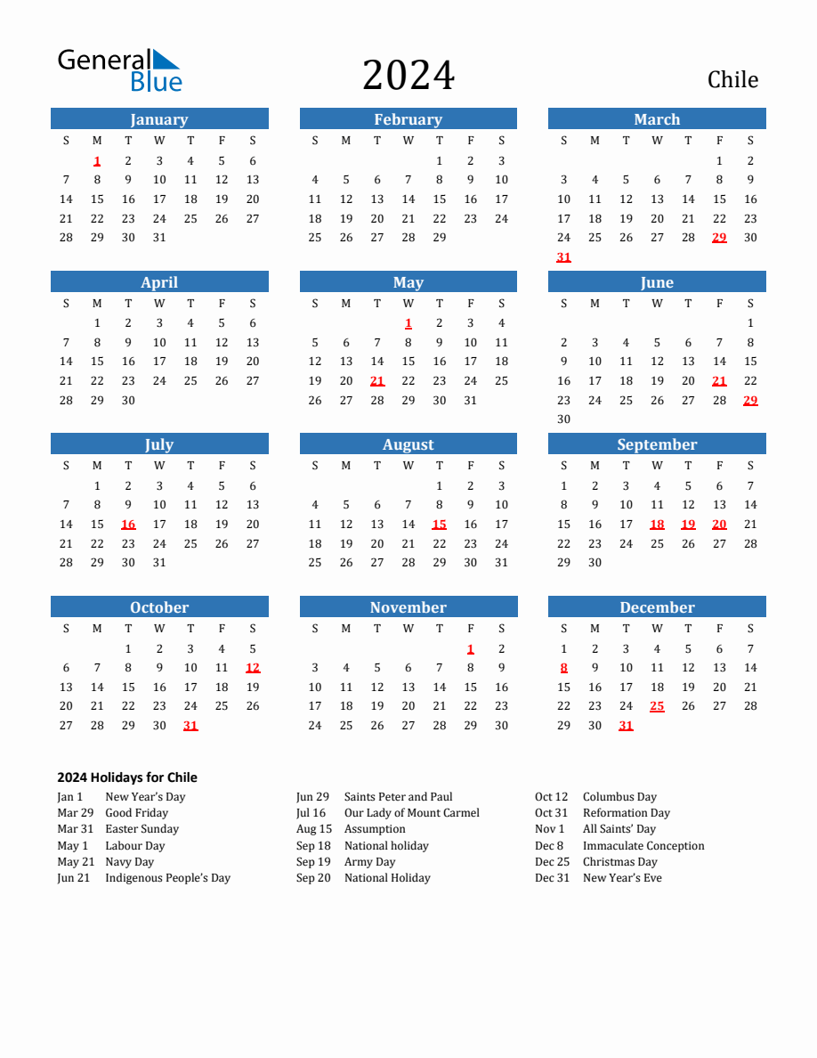 Chile 2024 Calendar with Holidays