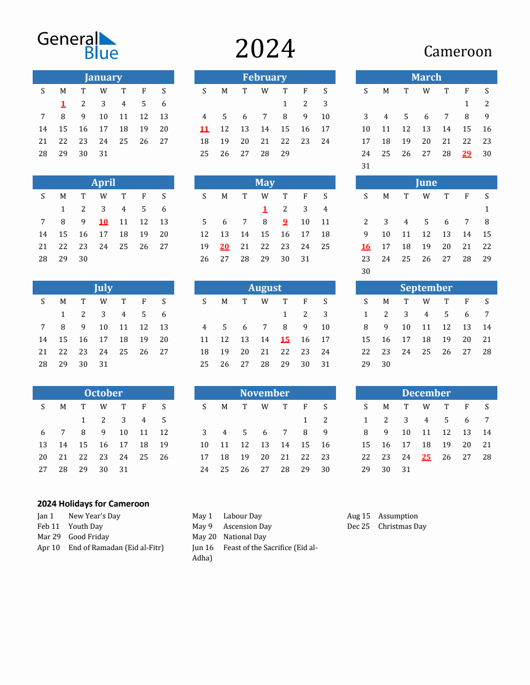 2024 Cameroon Calendar with Holidays