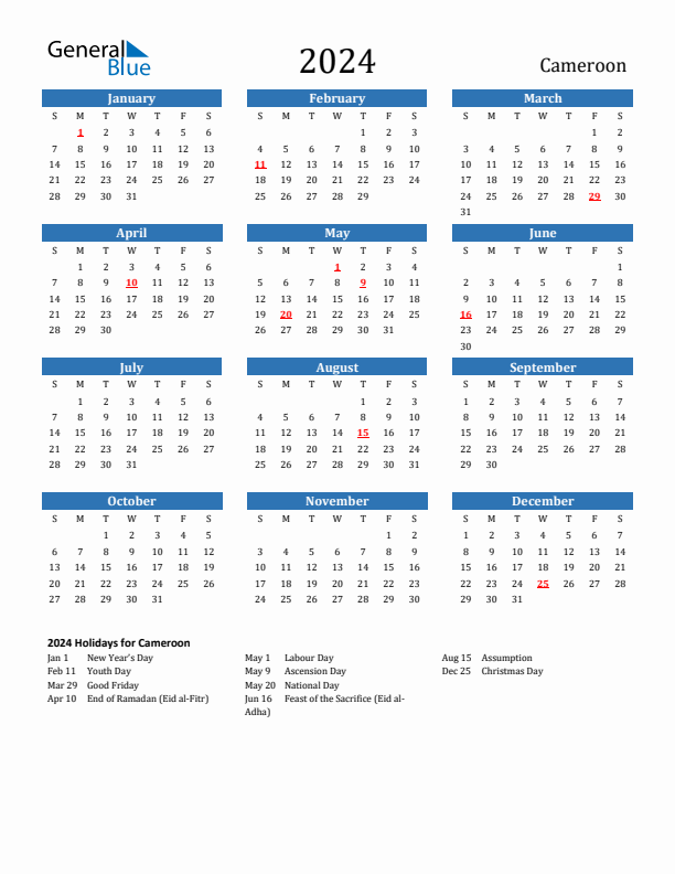 Cameroon 2024 Calendar with Holidays