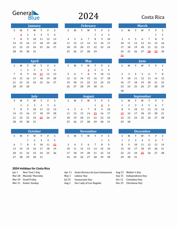 2024 Costa Rica Calendar with Holidays