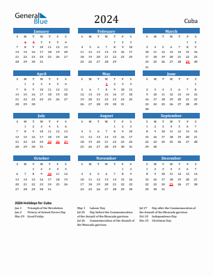 Cuba current year calendar 2024 with holidays