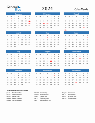 Cabo Verde current year calendar 2024 with holidays